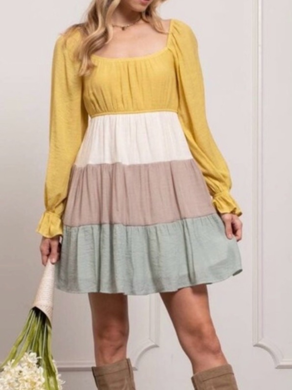 Blu Pepper Yellow, Cream, Taupe & Sage Tiered Mini Dress